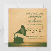 Green Vintage Gramophone Save the Date Invite