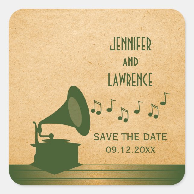 Green Vintage Gramophone Save the Date Stickers (Front)