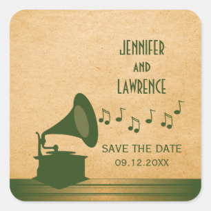 Green Vintage Gramophone Save the Date Stickers