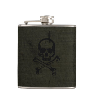 Green Vintage Grunge Skull Crossbones Hip Flask