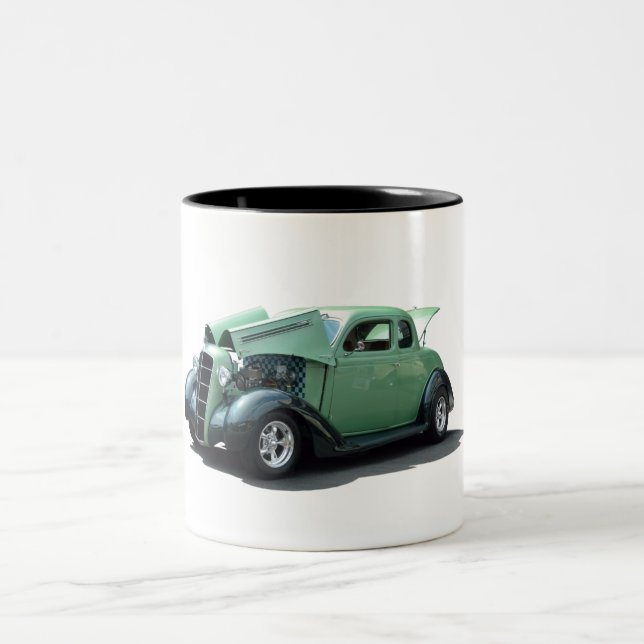 Green Vintage Hot Rod. Two-Tone Coffee Mug (Center)