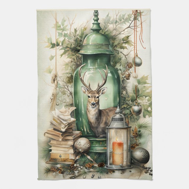 Green Vintage Lantern Stag Books Christmas Kitchen Towel (Vertical)