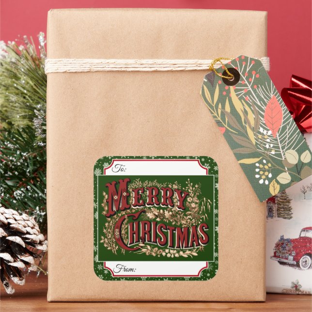 Green Vintage Merry Christmas Gift Label Stickers (Holiday)