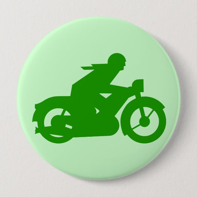 GREEN VINTAGE MOTORCYCLIST STENCIL 4 INCH ROUND BUTTON (Front)