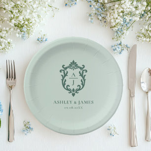 Green Vintage Ornate Crest Wedding Paper Plate