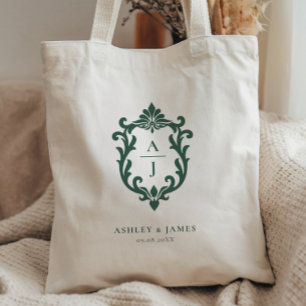 Green Vintage Ornate Crest Wedding Welcome Tote Bag