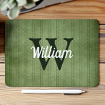 Green Vintage Pinstripe Retro Monogram Mouse Pad<br><div class="desc">This design features a vintage green pinstripe pattern in green with darker dashed stripes. Personalize it with your monogram initial in dark green/off-black and your name in white retro script.</div>