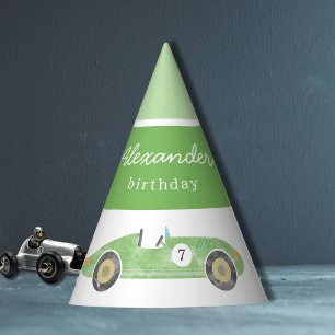 Green vintage race car birthday party hat