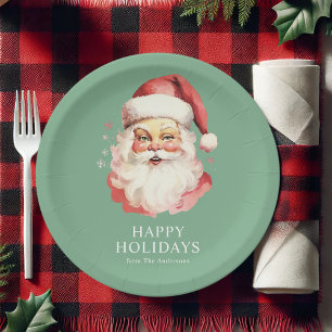 Green Vintage Retro Santa Claus Christmas Paper Plate