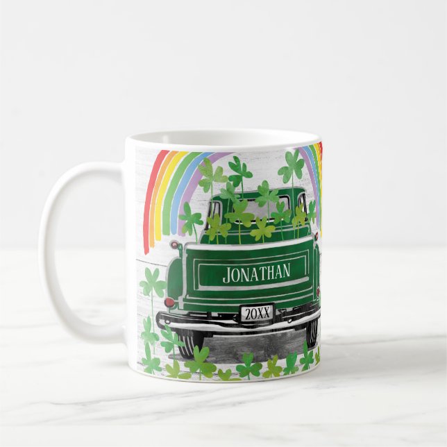 Green Vintage Truck Shamrock Rainbow Name Coffee Mug (Left)