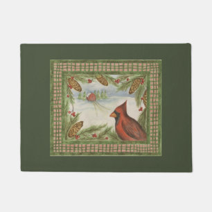 Green Vintage Winter Cardinal Doormat 