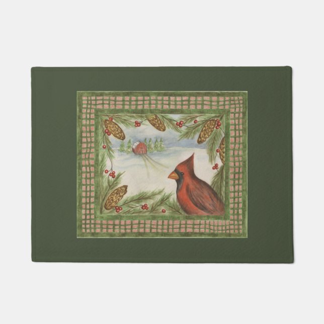 Green Vintage Winter Cardinal Doormat  (Front)