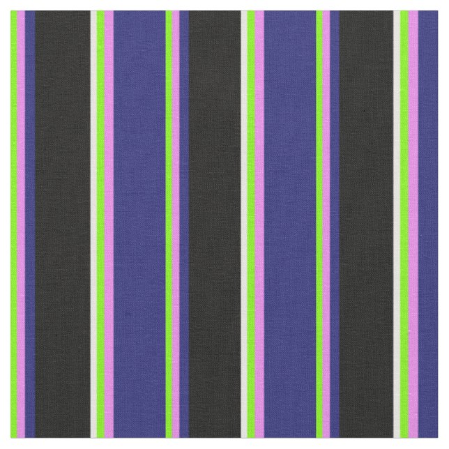 Green, Violet, Midnight Blue, Black & White Lines Fabric (Close Up)