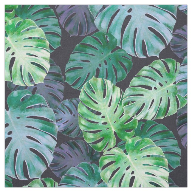 Green Violet Tropical Monstera Leaves Fabric (Swatch)