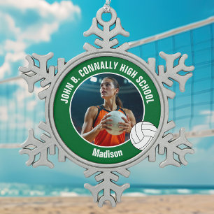 Green Volleyball Player Photo High School Snowflake Pewter Christmas Ornament