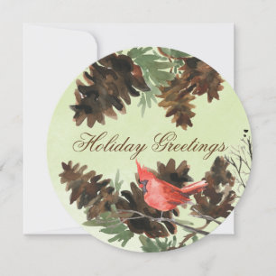 Green w. Red Cardinal Pine Cones Holiday Card