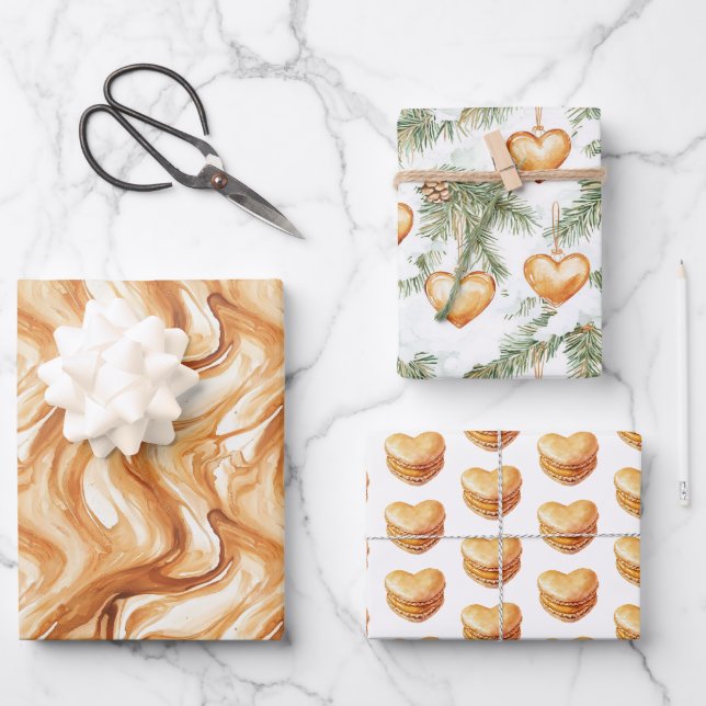 Green Warm Creamy Caramel Hearts Christmas Tree  Wrapping Paper Sheet (Front)