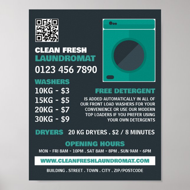 Green Washer, Laundromat, Cleaning Service Poster (Front)