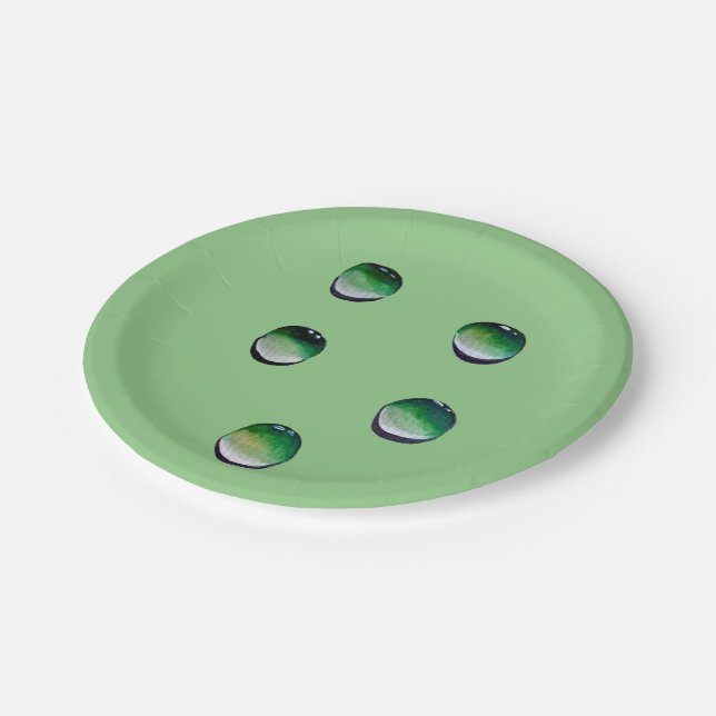 Green water drops water art paper plate (Angled)