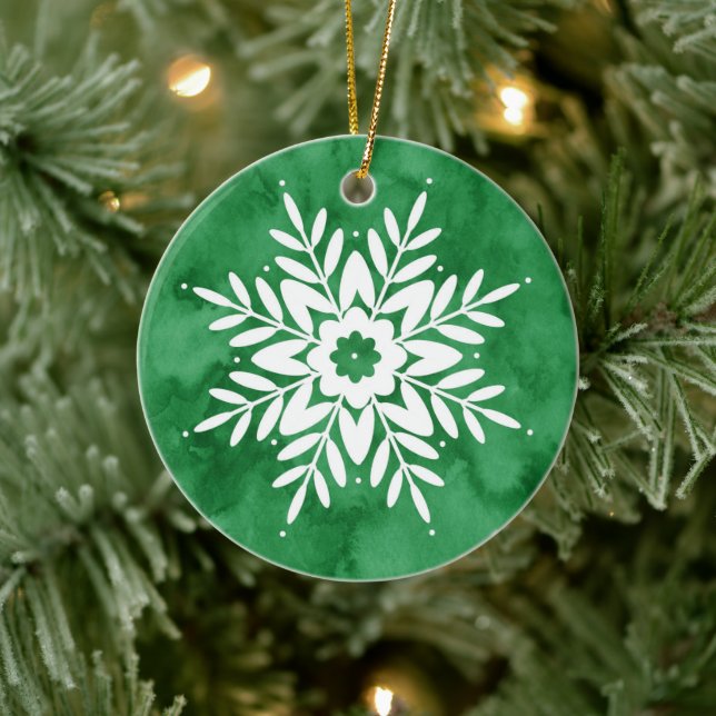 Green Watercolor Abstract Snowflake Ceramic Ornament (Tree)