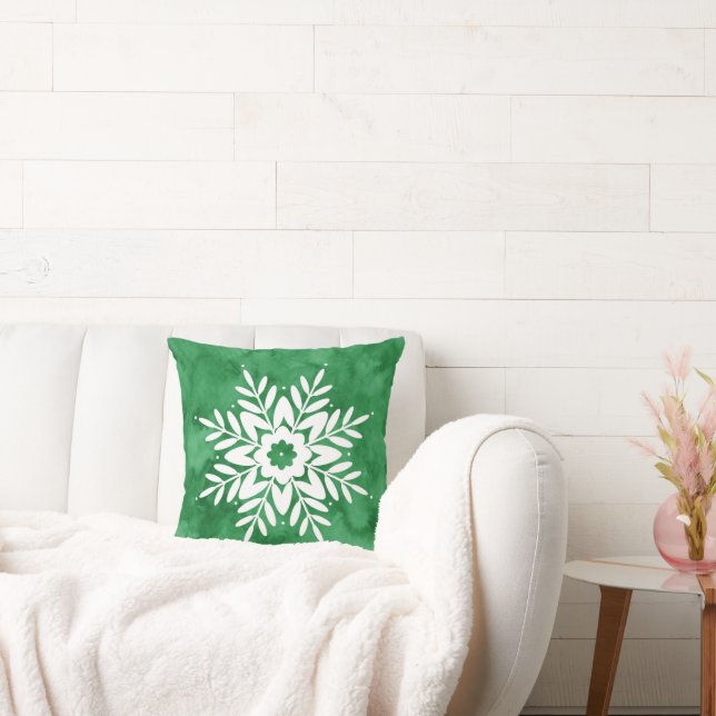 Green Watercolor Abstract Snowflake Throw Pillow (Couch)