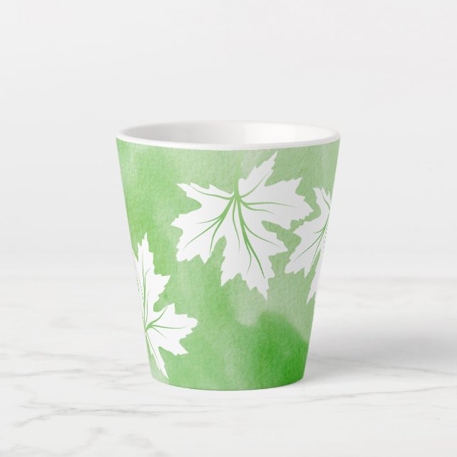Green watercolor and white maple leaves spring latte mug (Front)