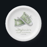 Green Watercolor Baby Shoes Baby Shower Paper Plate<br><div class="desc">Hello baby! Invite guests to your event with these customizable baby shower paper plates. It features watercolor illustration of adorable green baby booties. Personalize by adding your details. These green baby shower paper plates are perfect for gender-neutral baby showers.</div>