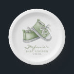 Green Watercolor Baby Shoes Baby Shower Paper Plate<br><div class="desc">Hello baby! Invite guests to your event with these customizable baby shower paper plates. It features watercolor illustration of adorable green baby booties. Personalize by adding your details. These green baby shower paper plates are perfect for gender-neutral baby showers.</div>