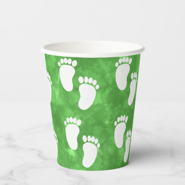Green Watercolor Baby Shower Footprint Pattern Paper Cups (Back)