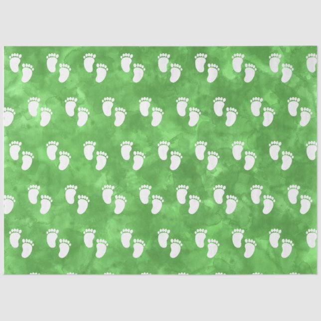 Green Watercolor Baby Shower Footprint Pattern Tissue Paper (Front)