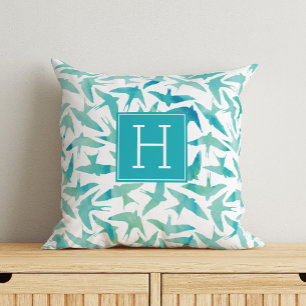 Green Watercolor Birds Monogrammed Throw Pillow