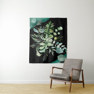 Green Watercolor Botanical Leaves and Flowers Tapestry