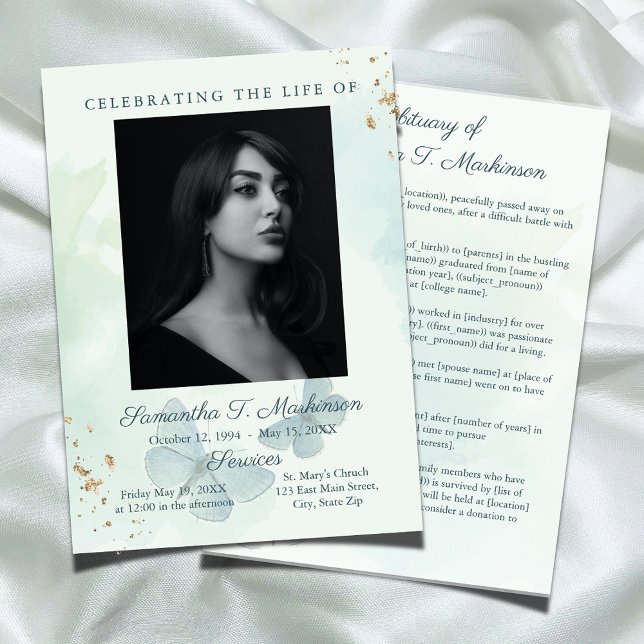 Green Watercolor Butterfly Funeral Obituary Program (Creator Uploaded)