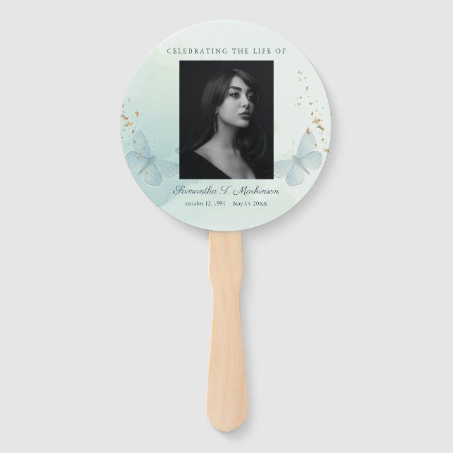 Green Watercolor Butterfly Funeral Services Hand Fan (Front)