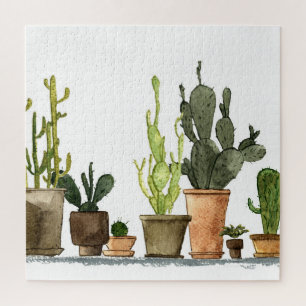 Green Watercolor Cacti: Hand Drawn Pots Jigsaw Puzzle