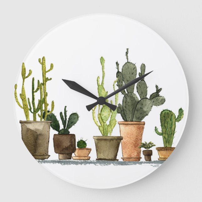 Green Watercolor Cacti: Hand Drawn Pots Large Clock (Front)