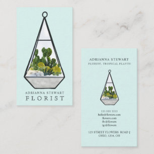 Green watercolor cactus terrarium florist blue business card