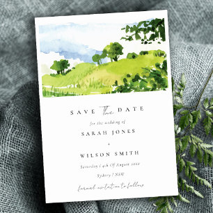 Green Watercolor Countryside Hills Save The Date Invitation