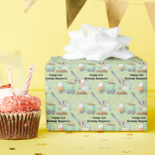 Green Watercolor Crane Dump Truck Text Name Photo Wrapping Paper