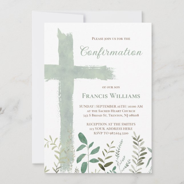green watercolor cross Confirmation Invitation (Front)