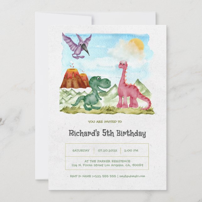 Green Watercolor Dinosaurs Birthday Party Invitation (Front)