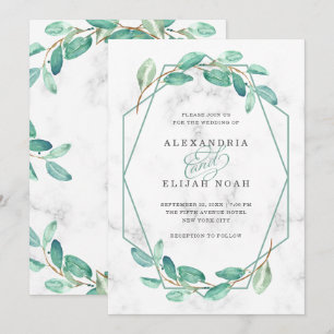 Green Watercolor Eucalyptus and Marble   Wedding Invitation