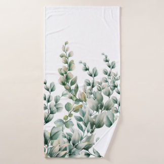 Green Watercolor Eucalyptus Leaf Bath Towel
