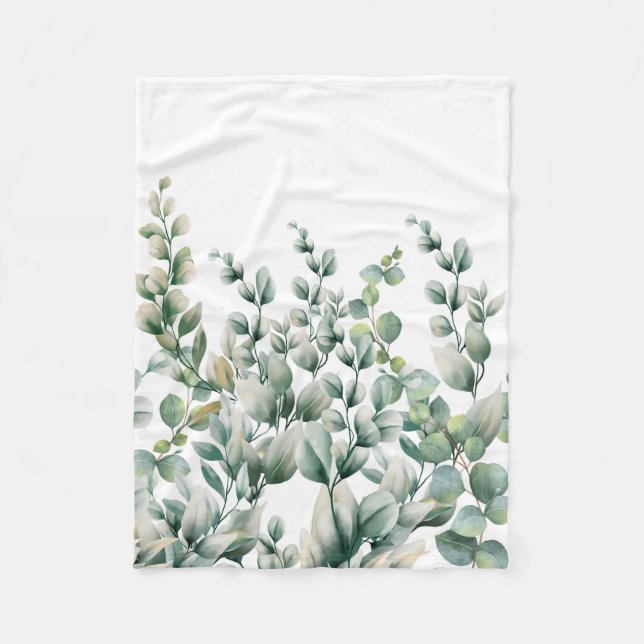 Green Watercolor Eucalyptus Leaf Fleece Blanket (Front)