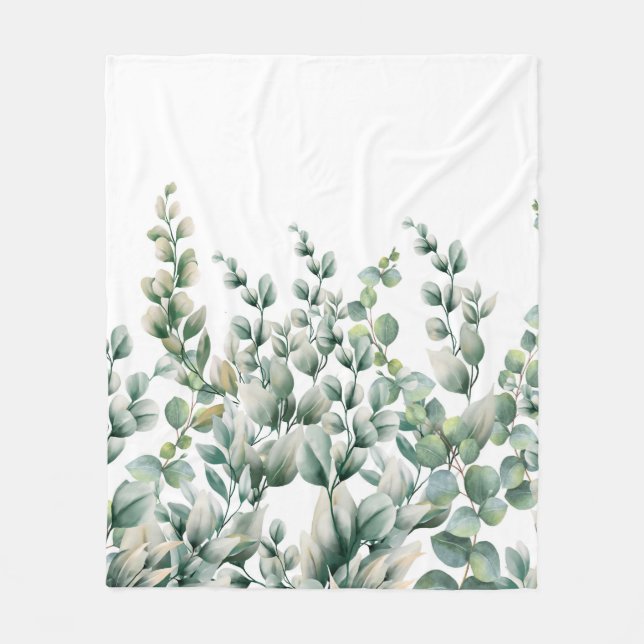 Green Watercolor Eucalyptus Leaf Fleece Blanket (Front)