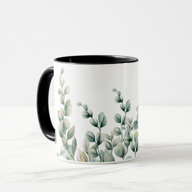 Green Watercolor Eucalyptus Leaf Mug (Front Left)