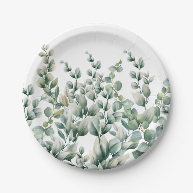 Green Watercolor Eucalyptus Leaf Paper Plate (Front)