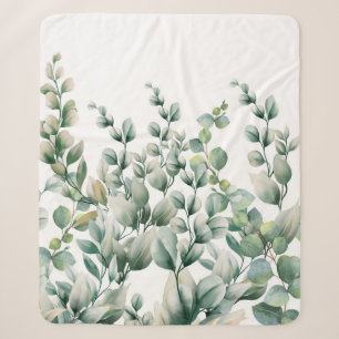 Green Watercolor Eucalyptus Leaf Sherpa Blanket