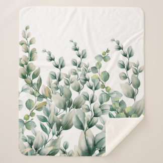 Green Watercolor Eucalyptus Leaf Sherpa Blanket