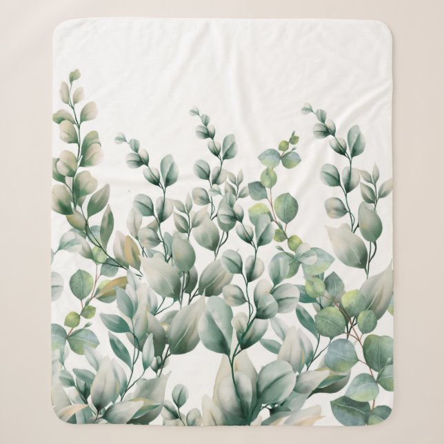 Green Watercolor Eucalyptus Leaf Sherpa Blanket (Front)